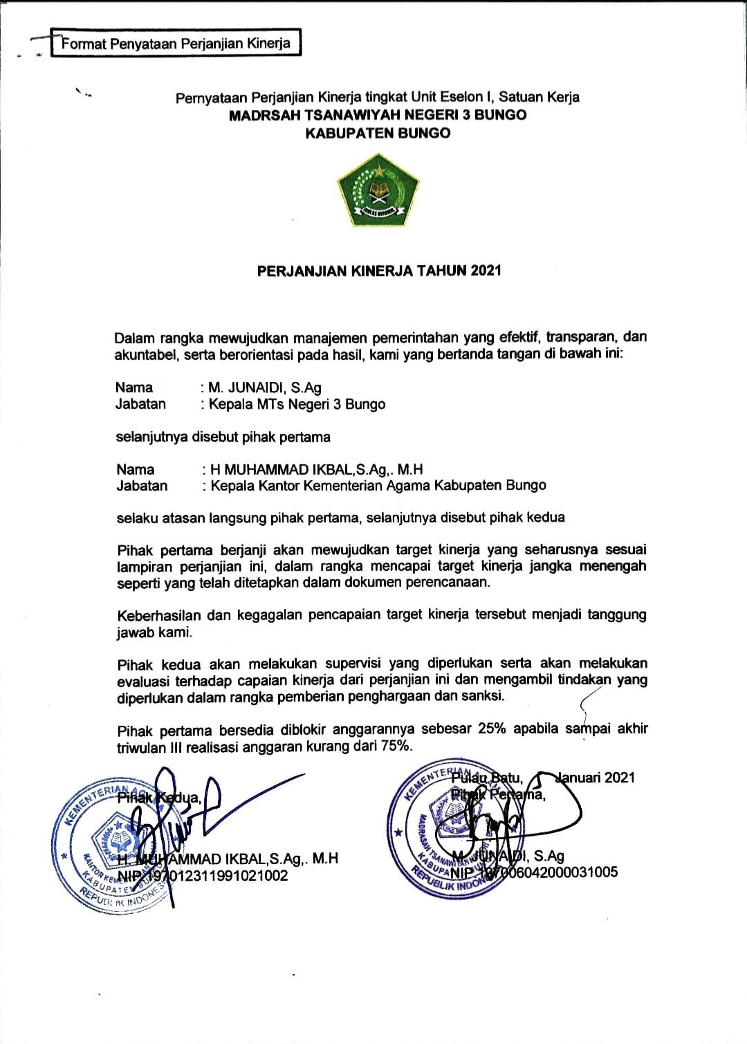 PERJANJIAN KINERJA MADRASAH TSANAWIYAH NEGERI 3 BUNGO